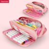 Canvas simple Three Zip tier Large Capacity Double Window Pencil Case YE7090