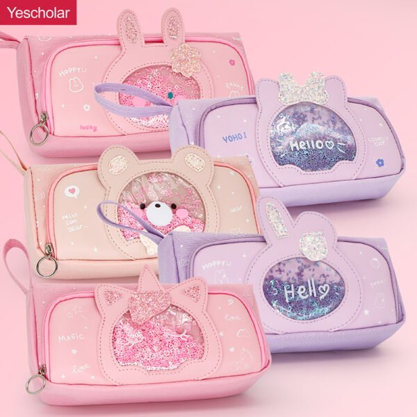 Canvas pink Cartoon Transparent glitter Window Quicksand multifunction Pencil Case YE7162