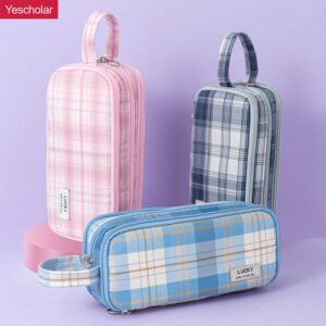 Polyester fiber JK girly style 3 zipper large capacity checkered pencil case YE7093