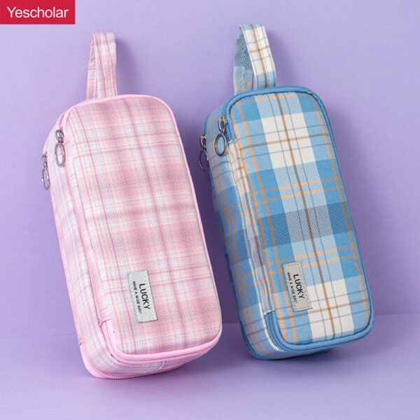 DM_20251020142111_001 Polyester fiber JK girly style 3 zipper large capacity checkered pencil case YE7093