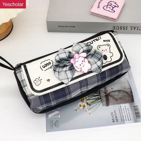 Canvas JK college style bow girl student double layer big capacity korean cute pencil case YE7200