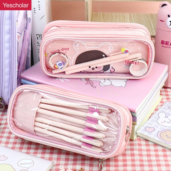 pvc transparent large capacity cute ins japanese style cartoon triple zip pencil case YE7181